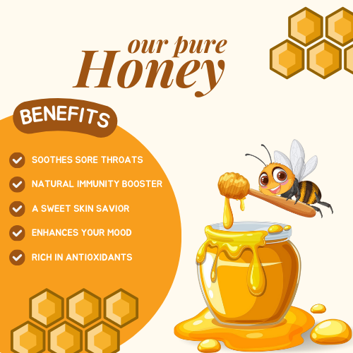 Illustration of a honey jar with a bee holding a honey dipper, showcasing the benefits of pure honey including soothing sore throats, boosting immunity, enhancing mood, and being rich in antioxidants, with honeycomb graphics.
